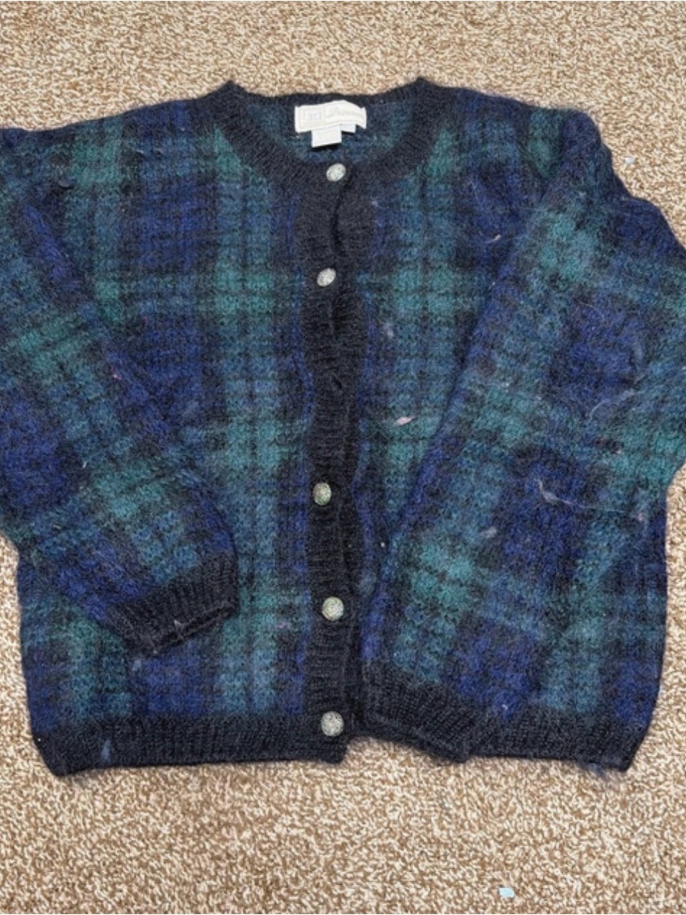 Vintage Women's Plaid Mohair-Blend Cardigan Sweater in Dark Green/Blue